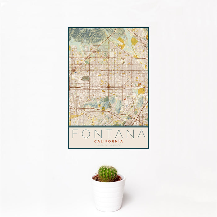 12x18 Fontana California Map Print Portrait Orientation in Woodblock Style With Small Cactus Plant in White Planter