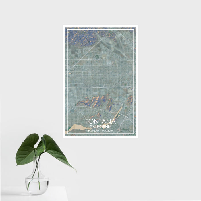 16x24 Fontana California Map Print Portrait Orientation in Afternoon Style With Tropical Plant Leaves in Water