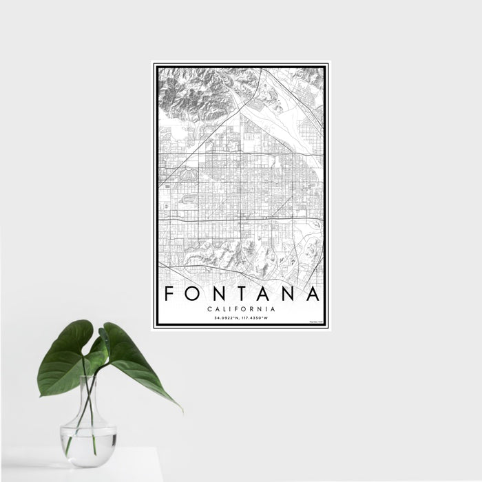 16x24 Fontana California Map Print Portrait Orientation in Classic Style With Tropical Plant Leaves in Water