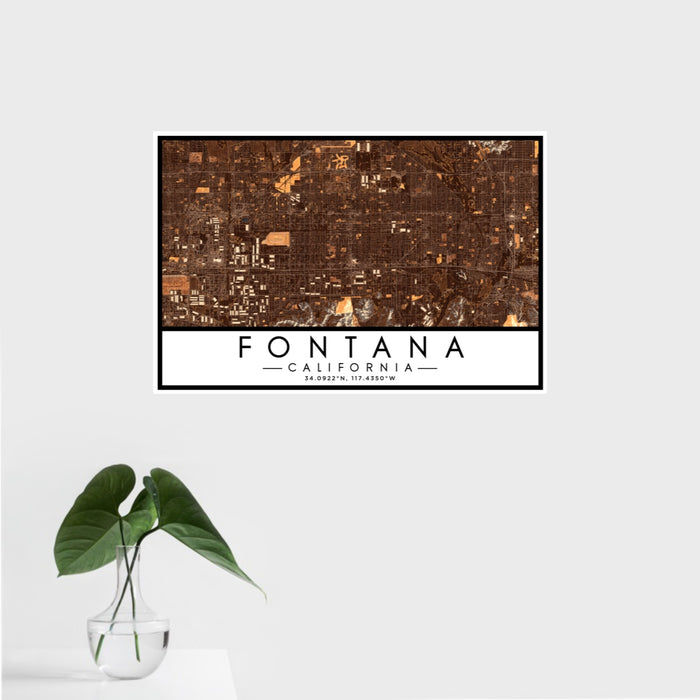 16x24 Fontana California Map Print Landscape Orientation in Ember Style With Tropical Plant Leaves in Water