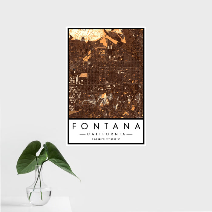 16x24 Fontana California Map Print Portrait Orientation in Ember Style With Tropical Plant Leaves in Water