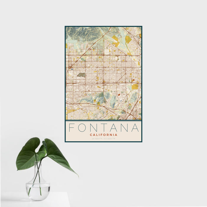 16x24 Fontana California Map Print Portrait Orientation in Woodblock Style With Tropical Plant Leaves in Water