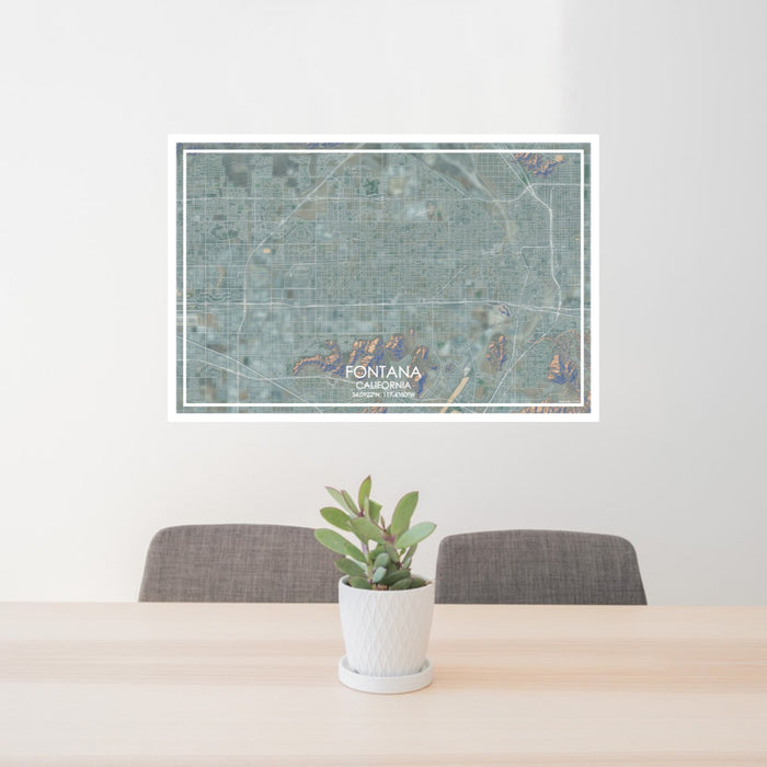 24x36 Fontana California Map Print Lanscape Orientation in Afternoon Style Behind 2 Chairs Table and Potted Plant