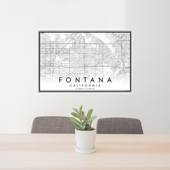 24x36 Fontana California Map Print Lanscape Orientation in Classic Style Behind 2 Chairs Table and Potted Plant