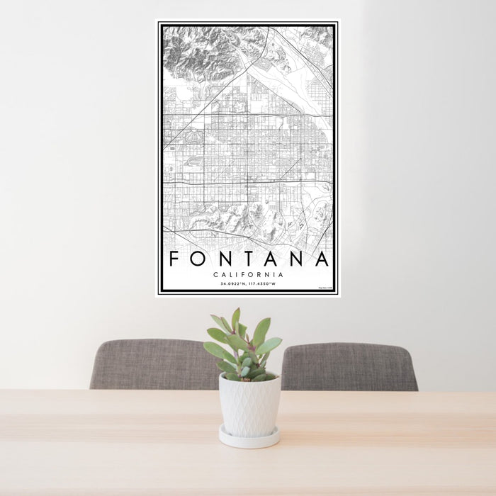 24x36 Fontana California Map Print Portrait Orientation in Classic Style Behind 2 Chairs Table and Potted Plant