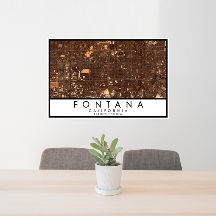 24x36 Fontana California Map Print Lanscape Orientation in Ember Style Behind 2 Chairs Table and Potted Plant