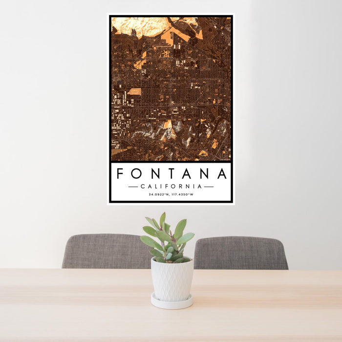 24x36 Fontana California Map Print Portrait Orientation in Ember Style Behind 2 Chairs Table and Potted Plant