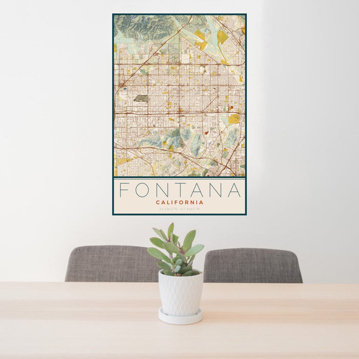 24x36 Fontana California Map Print Portrait Orientation in Woodblock Style Behind 2 Chairs Table and Potted Plant