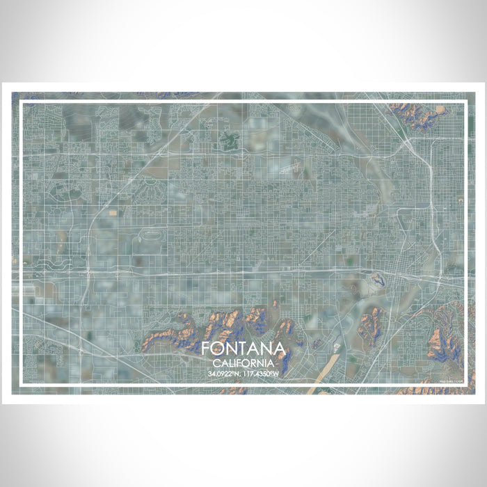 Fontana California Map Print Landscape Orientation in Afternoon Style With Shaded Background