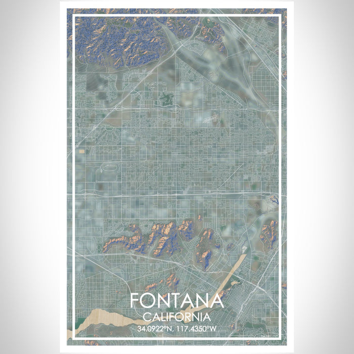 Fontana California Map Print Portrait Orientation in Afternoon Style With Shaded Background
