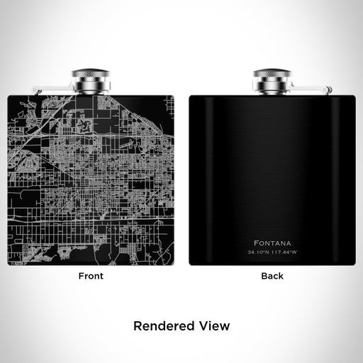 Rendered View of Fontana California Map Engraving on 6oz Stainless Steel Flask in Black