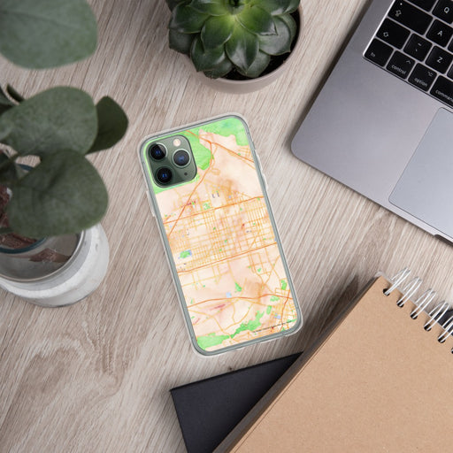 Custom Fontana California Map Phone Case in Watercolor on Table with Laptop and Plant