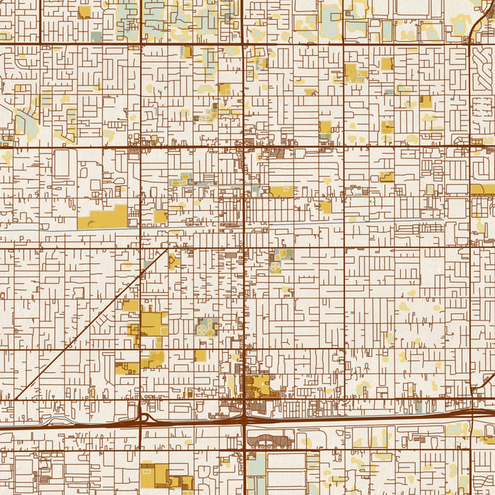 Fontana California Map Print in Woodblock Style Zoomed In Close Up Showing Details