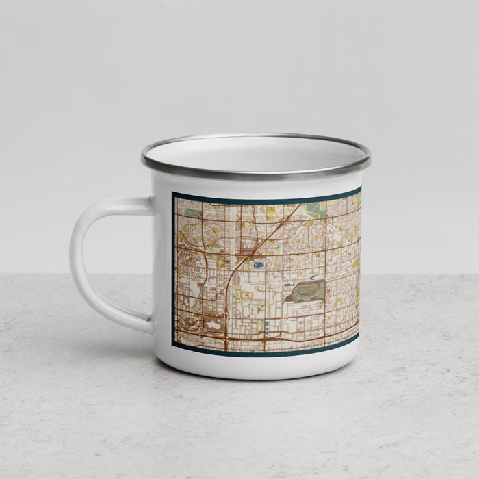 Left View Custom Fontana California Map Enamel Mug in Woodblock