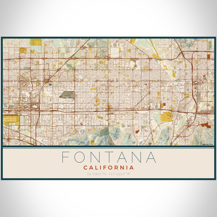 Fontana California Map Print Landscape Orientation in Woodblock Style With Shaded Background