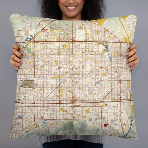 Person holding 22x22 Custom Fontana California Map Throw Pillow in Woodblock