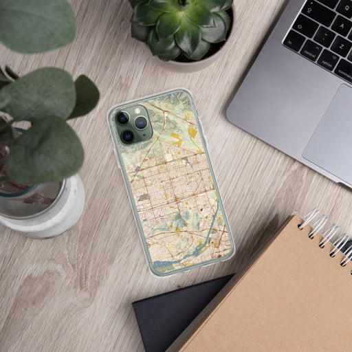 Custom Fontana California Map Phone Case in Woodblock on Table with Laptop and Plant