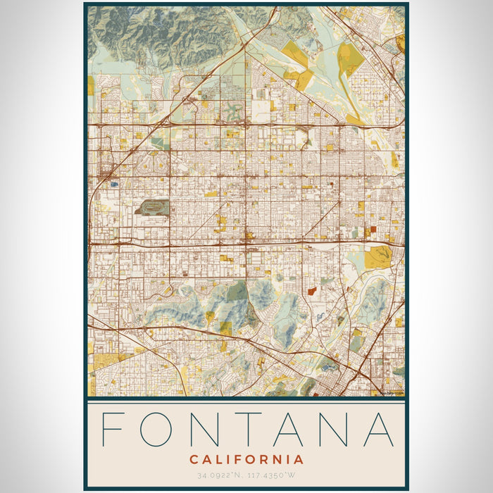 Fontana California Map Print Portrait Orientation in Woodblock Style With Shaded Background