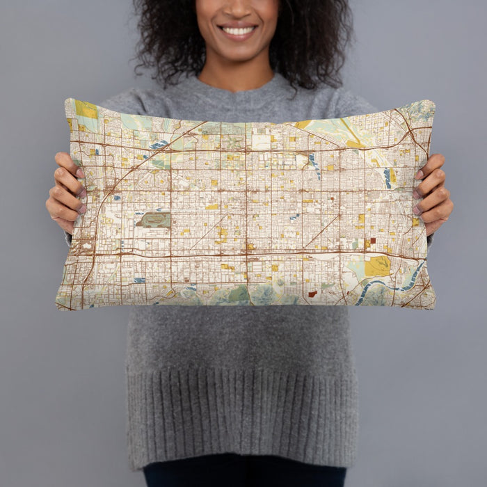 Person holding 20x12 Custom Fontana California Map Throw Pillow in Woodblock