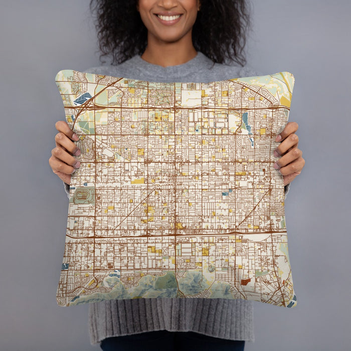 Person holding 18x18 Custom Fontana California Map Throw Pillow in Woodblock