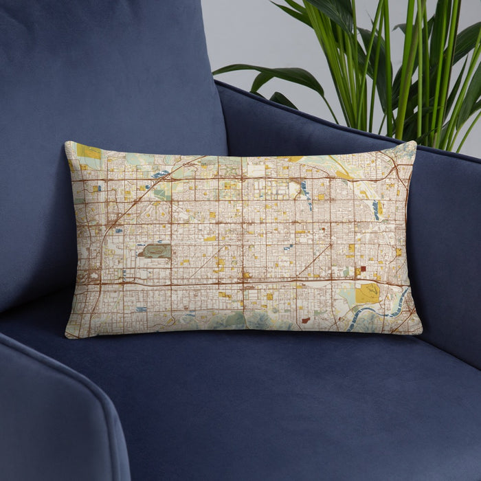 Custom Fontana California Map Throw Pillow in Woodblock on Blue Colored Chair
