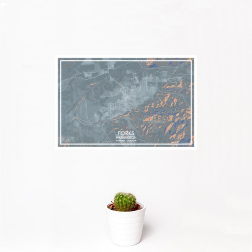 12x18 Forks Washington Map Print Landscape Orientation in Afternoon Style With Small Cactus Plant in White Planter
