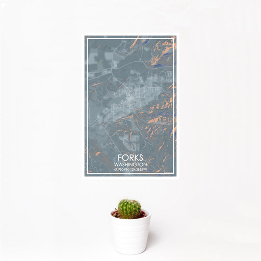 12x18 Forks Washington Map Print Portrait Orientation in Afternoon Style With Small Cactus Plant in White Planter