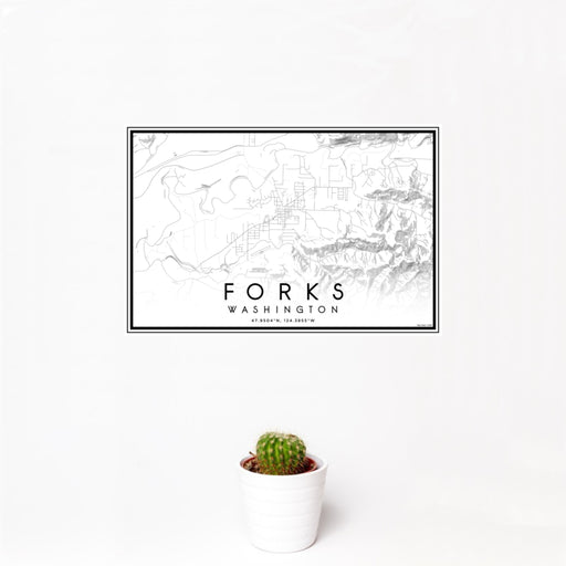 12x18 Forks Washington Map Print Landscape Orientation in Classic Style With Small Cactus Plant in White Planter