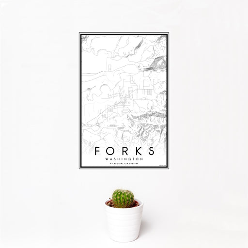 12x18 Forks Washington Map Print Portrait Orientation in Classic Style With Small Cactus Plant in White Planter