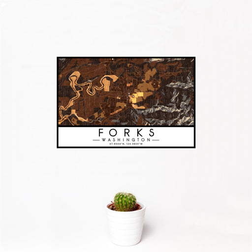 12x18 Forks Washington Map Print Landscape Orientation in Ember Style With Small Cactus Plant in White Planter