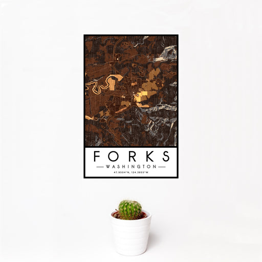 12x18 Forks Washington Map Print Portrait Orientation in Ember Style With Small Cactus Plant in White Planter