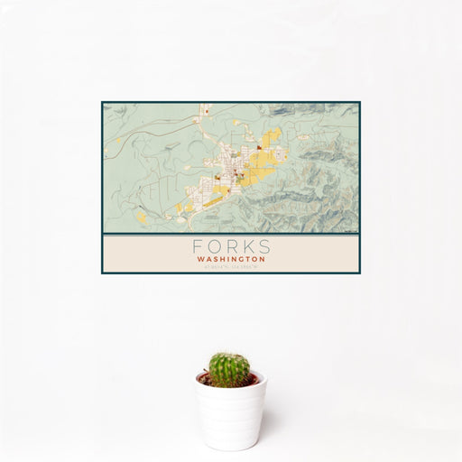 12x18 Forks Washington Map Print Landscape Orientation in Woodblock Style With Small Cactus Plant in White Planter