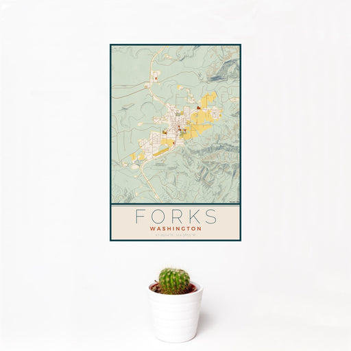 12x18 Forks Washington Map Print Portrait Orientation in Woodblock Style With Small Cactus Plant in White Planter