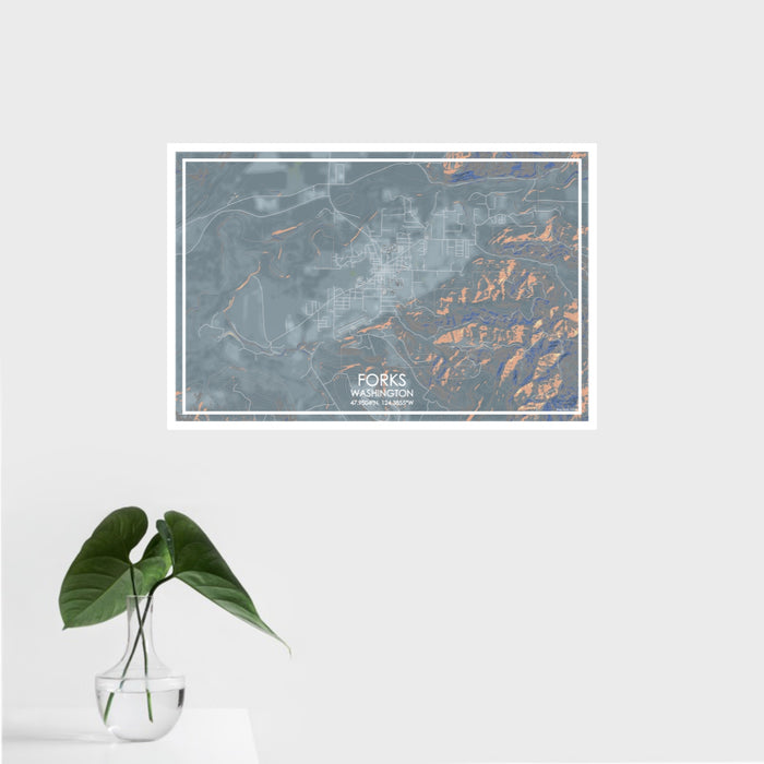 16x24 Forks Washington Map Print Landscape Orientation in Afternoon Style With Tropical Plant Leaves in Water