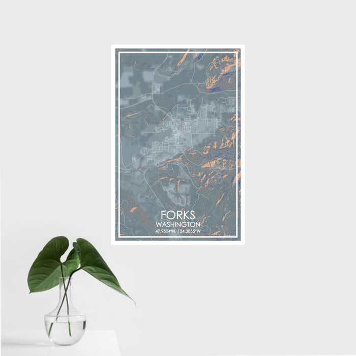 16x24 Forks Washington Map Print Portrait Orientation in Afternoon Style With Tropical Plant Leaves in Water
