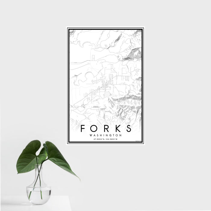 16x24 Forks Washington Map Print Portrait Orientation in Classic Style With Tropical Plant Leaves in Water