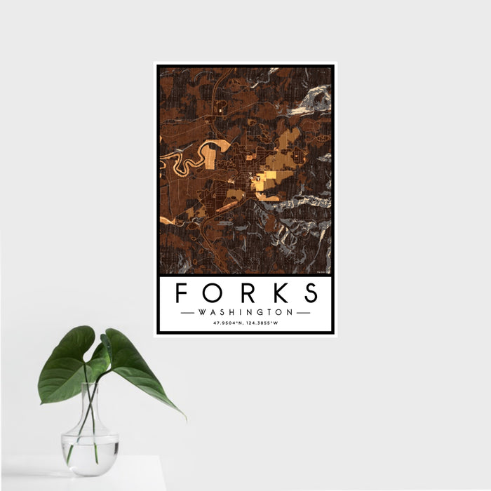16x24 Forks Washington Map Print Portrait Orientation in Ember Style With Tropical Plant Leaves in Water