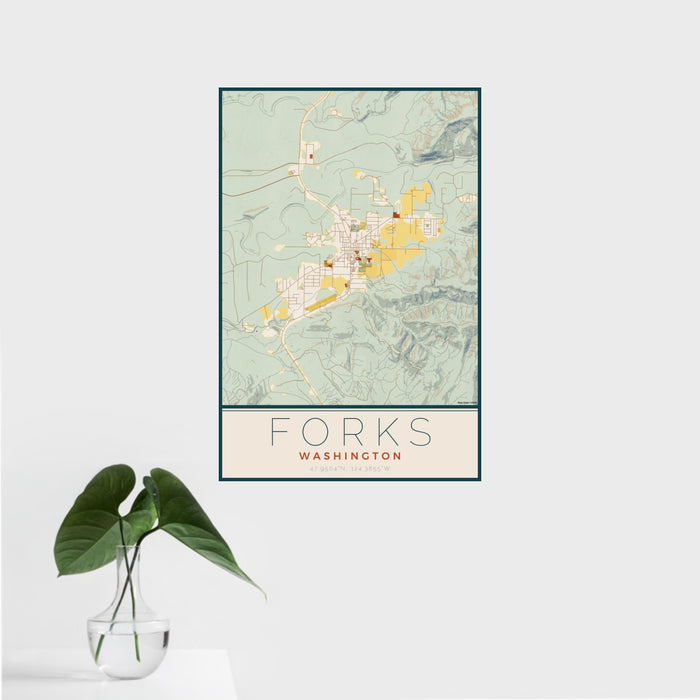 16x24 Forks Washington Map Print Portrait Orientation in Woodblock Style With Tropical Plant Leaves in Water