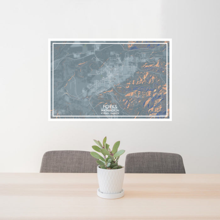 24x36 Forks Washington Map Print Lanscape Orientation in Afternoon Style Behind 2 Chairs Table and Potted Plant