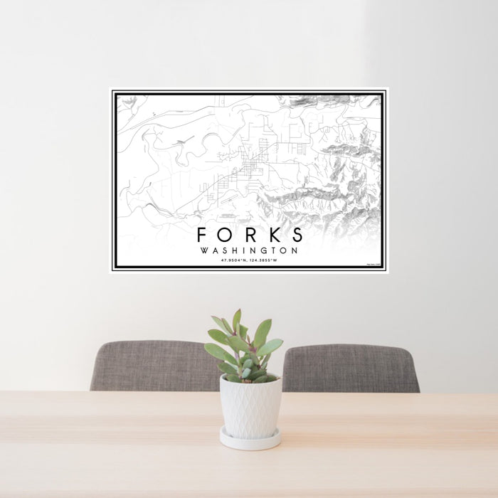 24x36 Forks Washington Map Print Lanscape Orientation in Classic Style Behind 2 Chairs Table and Potted Plant