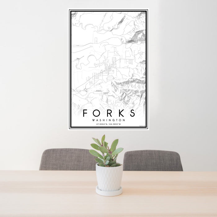 24x36 Forks Washington Map Print Portrait Orientation in Classic Style Behind 2 Chairs Table and Potted Plant