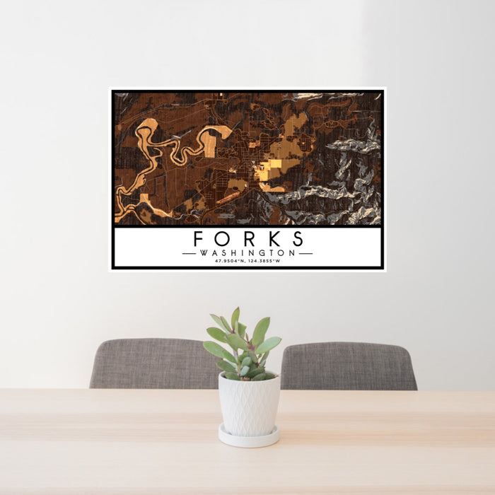 24x36 Forks Washington Map Print Lanscape Orientation in Ember Style Behind 2 Chairs Table and Potted Plant