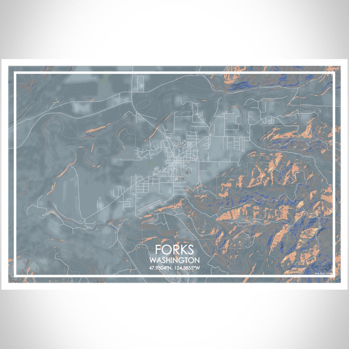 Forks Washington Map Print Landscape Orientation in Afternoon Style With Shaded Background