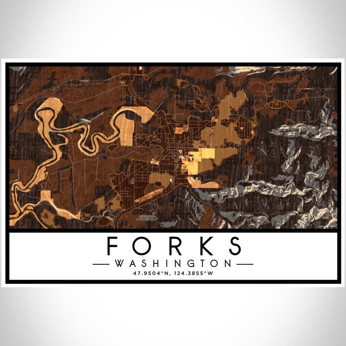 Forks Washington Map Print Landscape Orientation in Ember Style With Shaded Background