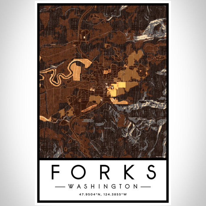 Forks Washington Map Print Portrait Orientation in Ember Style With Shaded Background