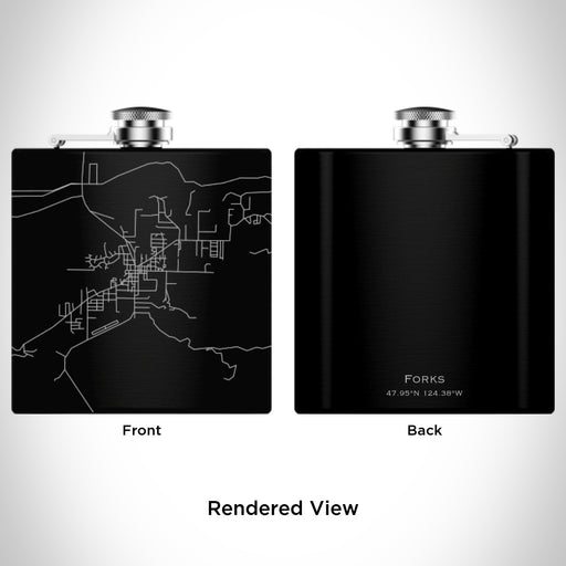 Rendered View of Forks Washington Map Engraving on 6oz Stainless Steel Flask in Black