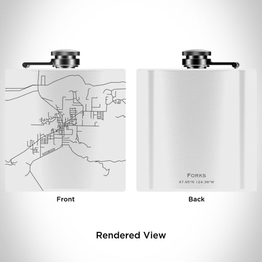 Rendered View of Forks Washington Map Engraving on 6oz Stainless Steel Flask in White