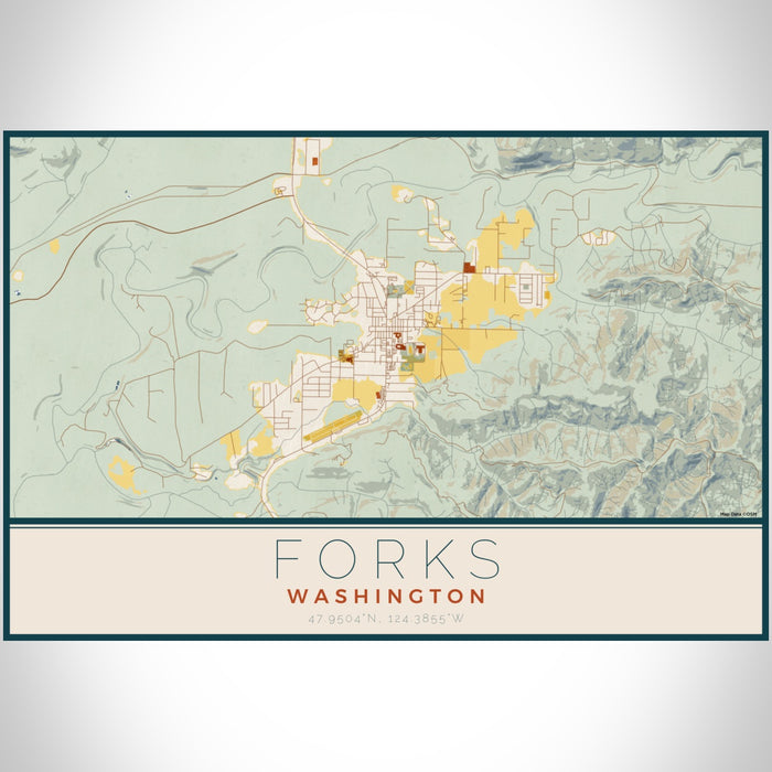 Forks Washington Map Print Landscape Orientation in Woodblock Style With Shaded Background