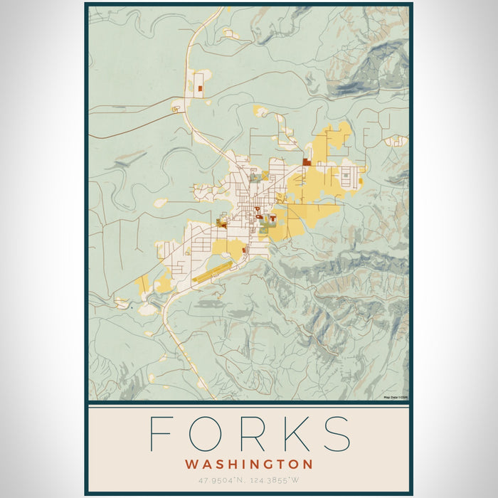 Forks Washington Map Print Portrait Orientation in Woodblock Style With Shaded Background