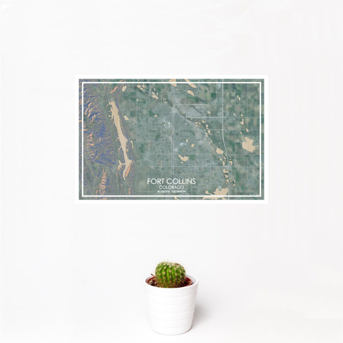 12x18 Fort Collins Colorado Map Print Landscape Orientation in Afternoon Style With Small Cactus Plant in White Planter